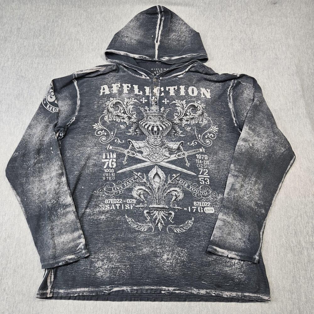 Affliction Hoodie Mens 3XL Gray Henley Hooded Graphic Print Lightweight Made USA
